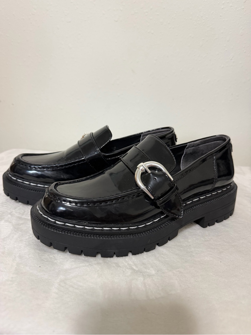 Circus by Sam Edelman Black Patent Lug Sole Loafers with Silver Buckle Accent